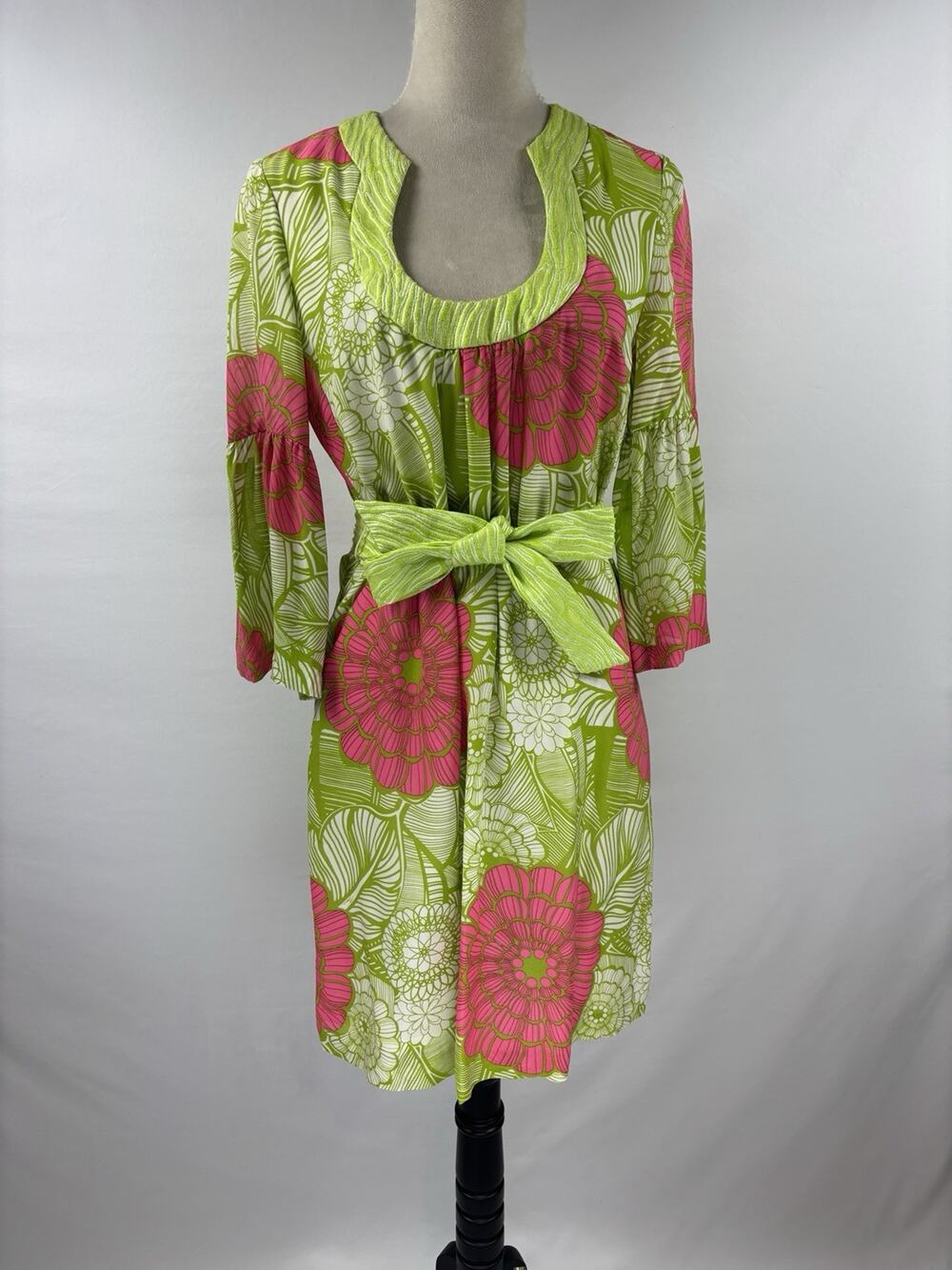 Trina Turk Bonita Silk Dress Green White Pink Floral Print 4 Belted Midi Retro